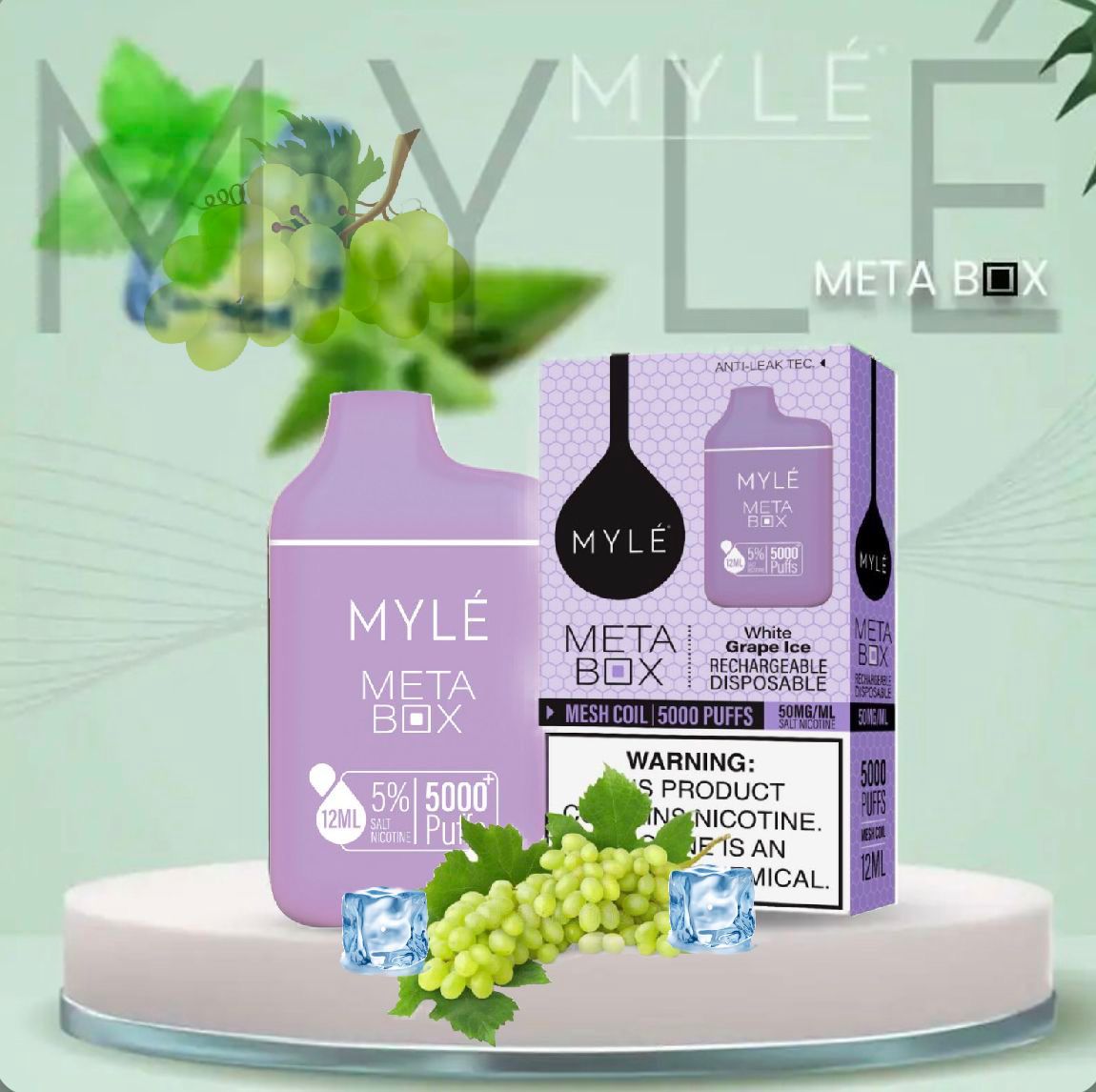 MYLE META BOX 5000 PUFFS-WHITE GRAPE ICE (GRAPE MINT)